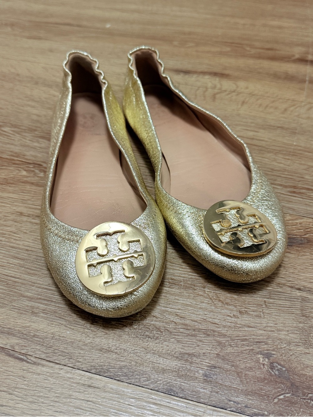 Tory Burch Metallic Gold Logo Ballet Flats